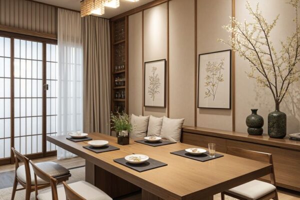 A Japandi dining room with a sleek wooden table, neutral-colored cushions, minimalist decor, and sof A Japandi dining room with a sleek wooden table, neutral-colored cushions, minimalist decor, and sof