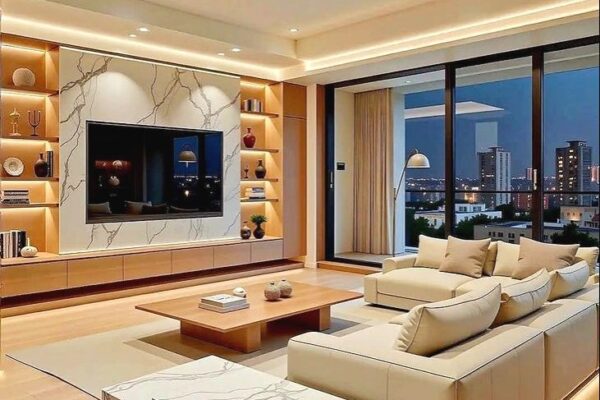 Contemporary Luxury Living Room with Marble Accents and City View Contemporary Luxury Living Room with Marble Accents and City View