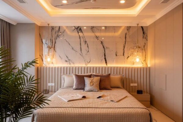 Luxurious Modern Bedroom with Marble Ceiling and Golden Lighting Luxurious Modern Bedroom with Marble Ceiling and Golden Lighting
